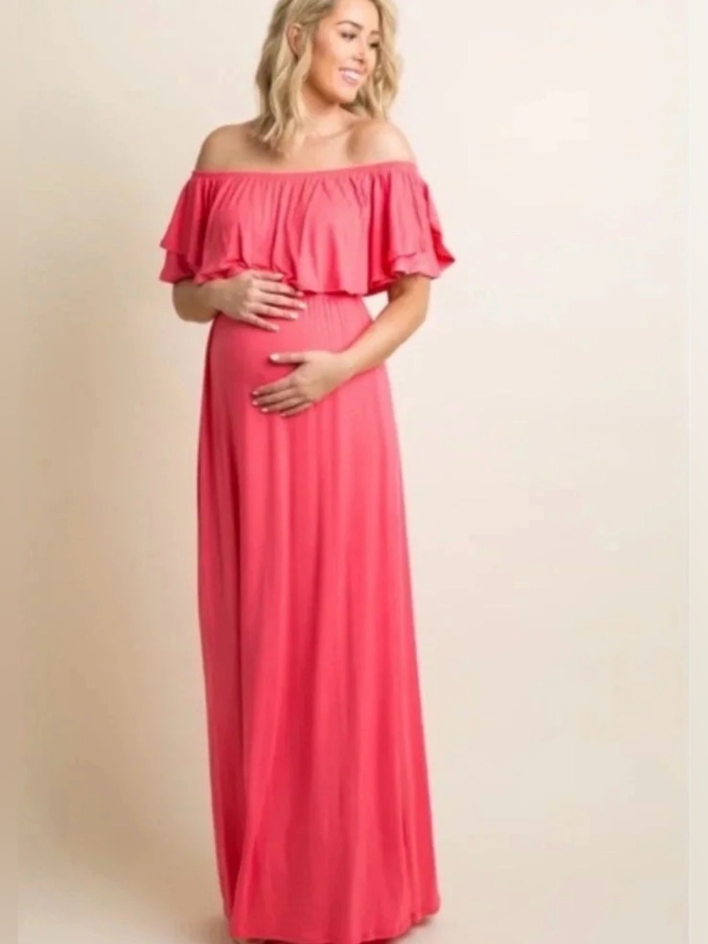 Pink Blush Off-Shoulder Ruffle Maternity Maxi Dress - Coral Pink